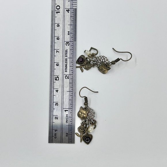 Brass Tone Cat Face & Charm Fishhook Earrings - Picture 4 of 5
